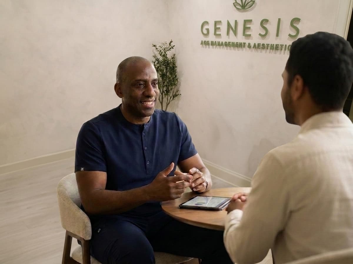 Dr. Roger Olade and patient discussing clinical aesthetic candidacy in an unhurried consultation