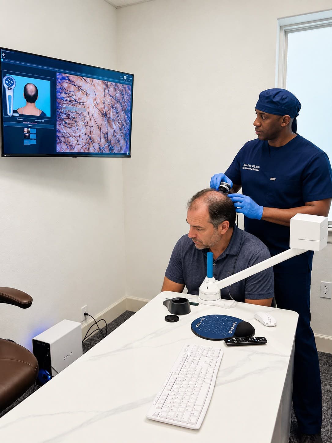 Dr. Roger Olade measuring follicular density across scalp zones with TrichoLAB digital trichoscopy