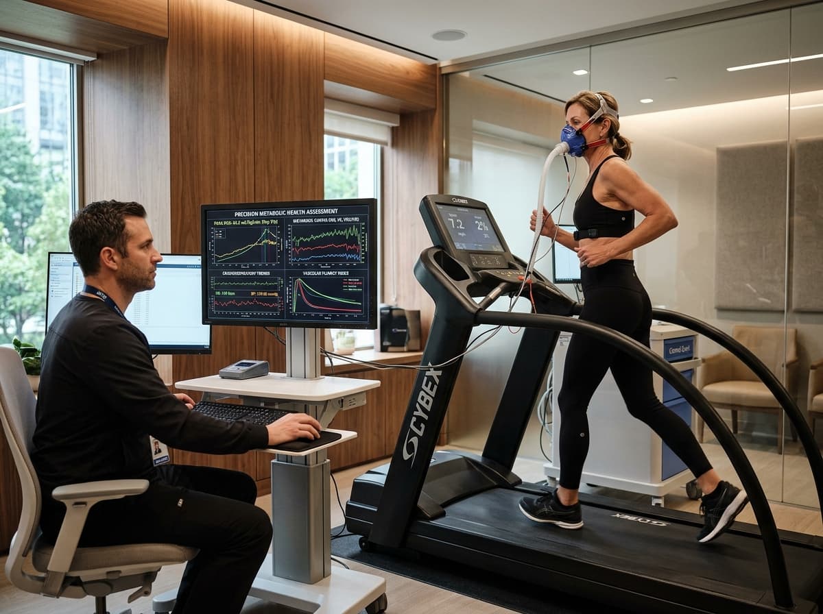 Precision quantitative diagnostics evaluating peak VO2 max, metabolic health, and vascular pliancy