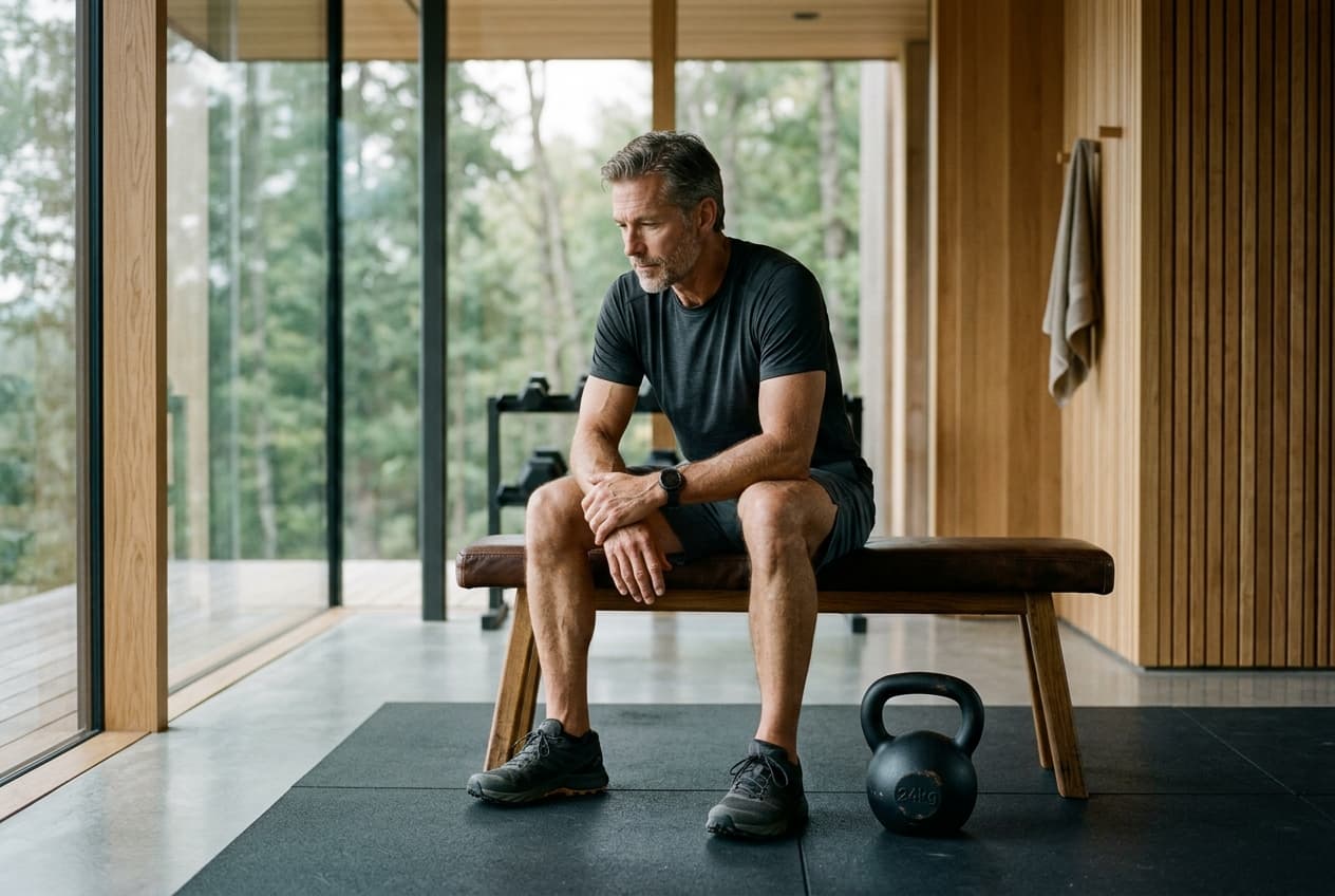 Dedicated individual focused on muscular reserve, physical discipline, and cognitive healthspan in a private wellness studio